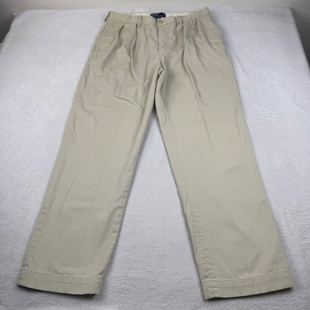 Polo Ralph Lauren Ethan Pant Mens 34x32 Khaki Pleated Cotton Chino Trousers